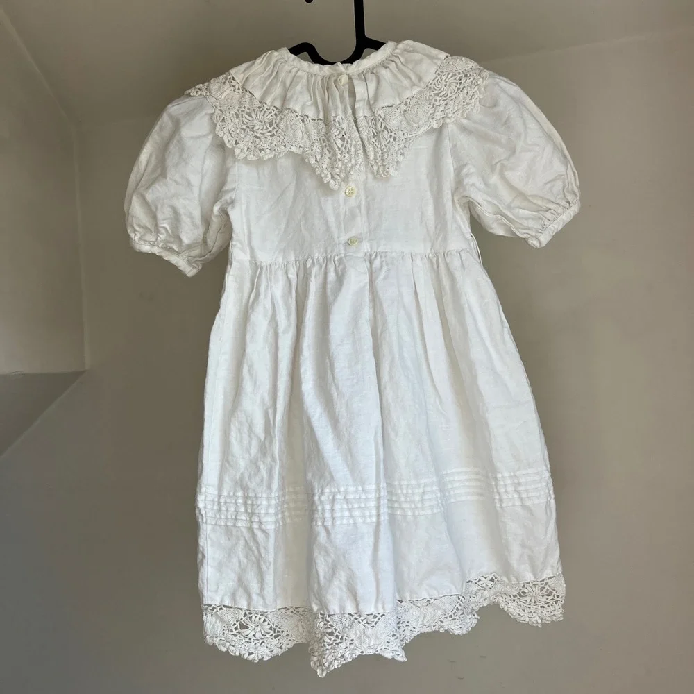 Vintage Paper White Dress Linen Cotton Lace Embroidery Cottagecore Kids Girls